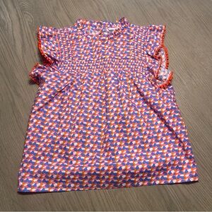 THML Deseriee Top in Orange & Blue Flutter Sleeve Blouse Sz Medium NWT Preppy